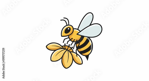 A cartoon bee with yellow and black stripes hovers over a yellow flower