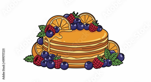 A colorful illustration of a stack of pancakes with berries and orange slices, drizzled with syrup