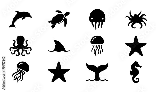 Minimalist sea life icons set, black silhouette ocean animals collection, 12 vector aquatic creature symbols for marine conservation branding