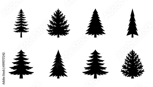 Pine tree silhouette collection, set of 8 evergreen forest icons, black coniferous spruce and fir tree shapes, minimalist nature vector elements