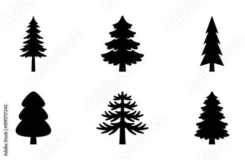 Minimalist pine tree silhouettes, set of 6 black evergreen vector icons, forest conifer shapes for outdoor branding and winter holiday design