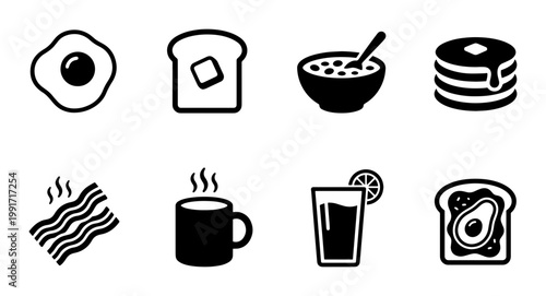 Breakfast food icon set with 8 black vector symbols, morning meal elements including eggs and pancakes, minimalist cafe menu graphics on white background
