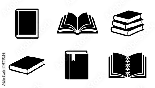 Minimalist book icon set, black and white literature symbols vector, collection of 6 educational reading icons for library and school design