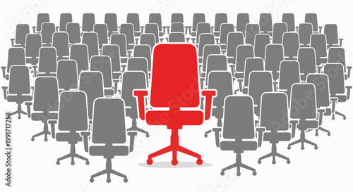 A bold red chair stands out amidst a sea of identical gray chairs, symbolizing uniqueness