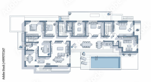 A blueprint for a spacious modern home featuring multiple bedrooms, living areas, dining spaces, and a pool