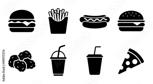 Fast food icon set with 8 black vector elements, junk food silhouettes including burger and fries, restaurant menu symbols for takeout and delivery