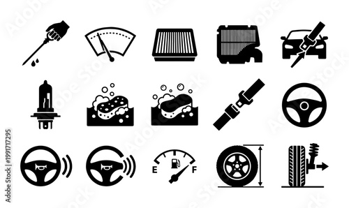 Car service and auto parts icon set, 15 black vector silhouettes for automotive maintenance, vehicle repair and garage workshop symbols