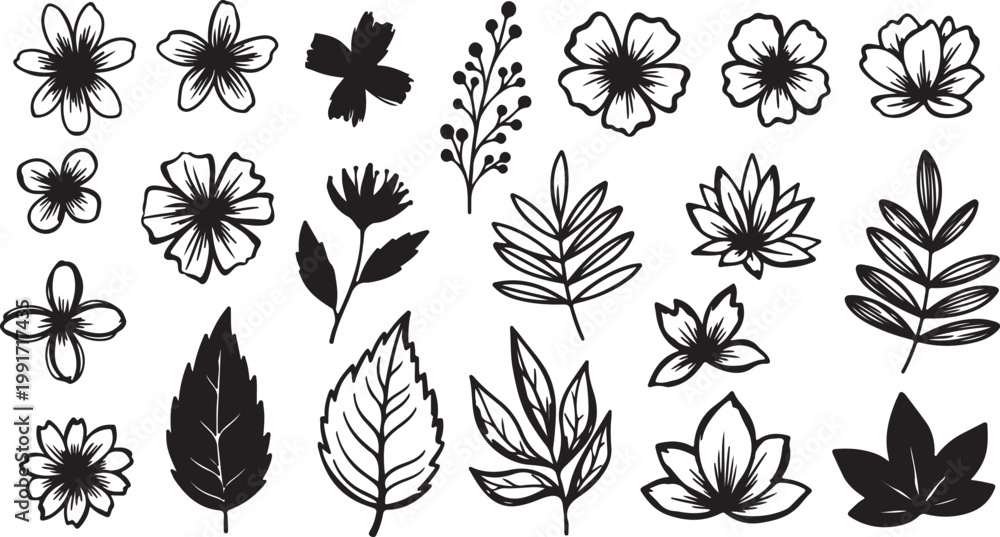Obraz premium Abstract vector flowers and leaves drawn with ink brush. Black plant elements isolated on white background