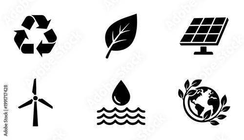 Eco friendly icon set with 6 black vector symbols, sustainable energy and recycling elements, green environment and renewable power graphics