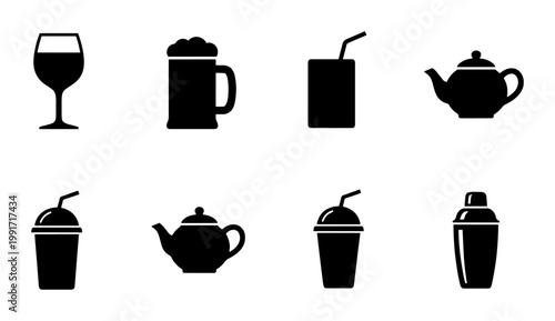 Minimalist beverage icon set, black drink silhouettes including wine glass and beer mug, 8 vector drink icons for restaurant menus and bar signage