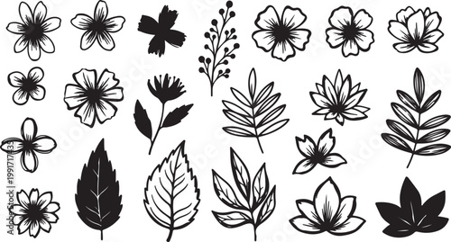 Abstract vector flowers and leaves drawn with ink brush. Black plant elements isolated on white background