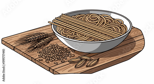 A bowl of spaghetti with wheat stalks and grains on a wooden board