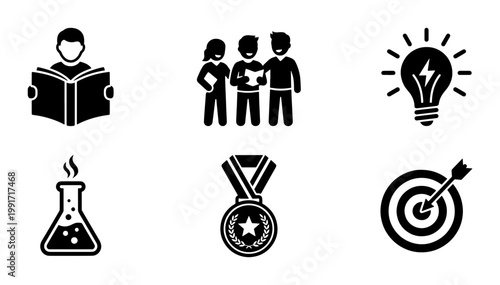 Education and learning icon set, black school and student vector symbols, academic success and science research signs, 6 flat icons for web