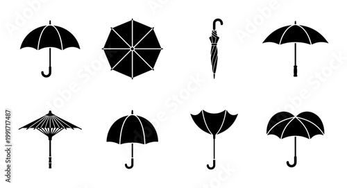 Black umbrella icon set with 8 vector elements, rain protection silhouettes in various views, flat weather accessory symbols for web design