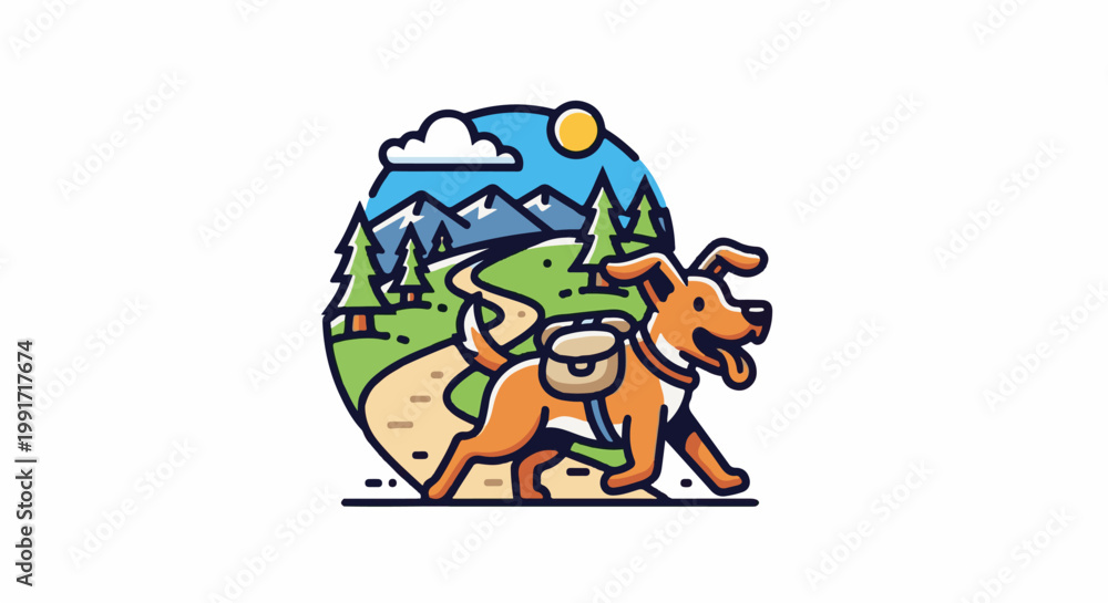 Fototapeta premium A cartoon dog with a backpack walks on a scenic mountain path under a sunny sky