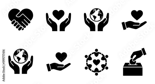Charity and donation icon set, 8 black solid vector symbols for non-profit organizations, volunteer work and global community support graphics