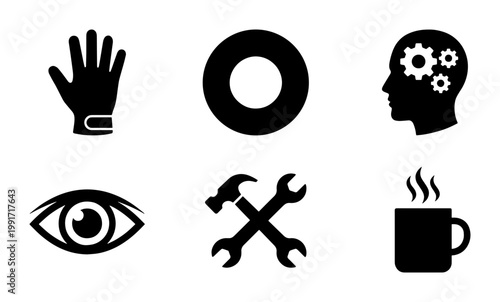 Industrial work safety icons, black silhouette labor symbols set of 6 vectors, construction and maintenance tools with human head and gear
