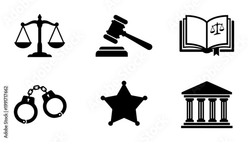 Law and justice icon set, black legal symbols including judge gavel and scales of justice, 6 vector elements for court and police concepts