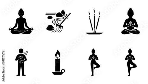 Zen meditation and yoga icon set, black silhouette wellness symbols, 8 vector elements for spa and mindfulness branding, spiritual health graphics