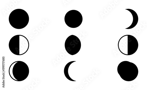 Minimalist moon phases icon set, black lunar cycle silhouettes, 9 celestial vector elements for astronomy and astrology design