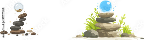 A levitating magic orb surrounded by rotating stone rings in terracotta and charcoal hues creates a minimalist, solid-colored illustration isolated on a white background