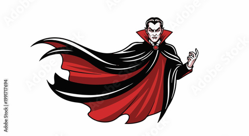 A cartoon Dracula with a flowing red and black cape, pointing