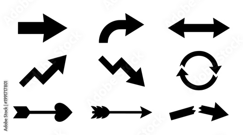 Black arrow icon set with 9 vector elements, minimalist directional pointers for navigation, flat graphic symbols for business charts and web design