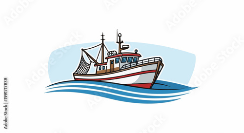 A cartoon fishing boat with a net sails on blue waves under a light blue sky