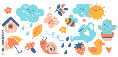 Hand drawn cute sky stickers collection featuring sun, butterfly, cloud, strawberry, duckling, umbrella, watering can, snail, cactus, flower. Funny peaceful characters for baby vector illustration