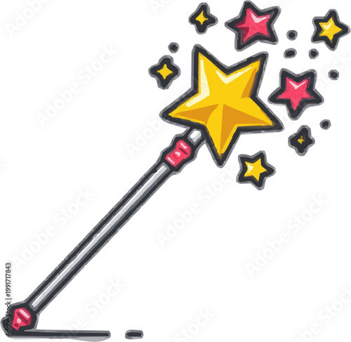 A flat vector illustration depicts a crystal wand casting a spray of vibrant geometric stars in pink and gold, set against a minimalist white background with no shadows or additional elements