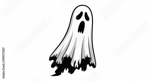 A cartoon ghost with a white sheet, black eyes, and an open mouth, floating