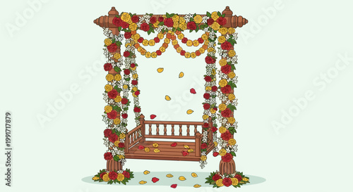 Traditional Indian Wedding Wooden Swing Decorated with Flowers.