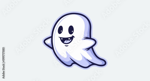A cartoon ghost with big eyes and a wide smile floats cheerfully