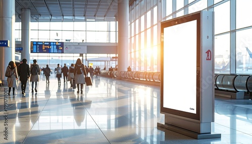 People walking through airport with a blank display