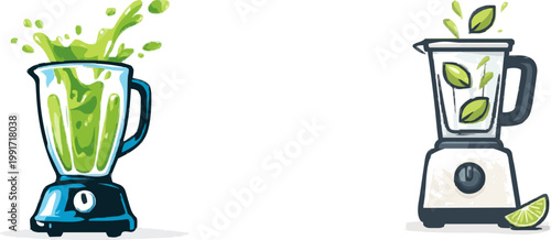 A vibrant green smoothie is being blended in a sleek blender with splashes of liquid around it, creating an inviting and refreshing scene