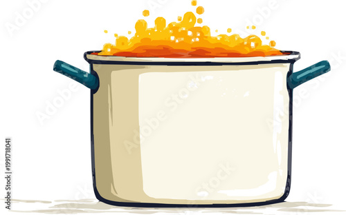 A minimalist illustration of a boiling pot of pasta with steam and bubbles, rendered in muted beige and blue tones, exuding warmth and simplicity