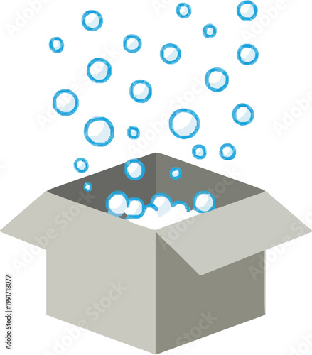 A minimalist 2D illustration of a box bursting with bubbles in soft blue tones, exuding freshness and cleanliness for laundry purposes