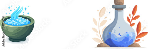 A mystical alchemical reaction unfolds in a flat vector illustration of a mortar filled with glowing blue powder and silver sparkles, set against a minimalist 2D design backdrop