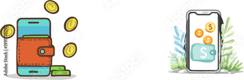 A minimalist, teal and gold digital wallet graphic with coins flying out symbolizes the seamless integration of fintech concepts into everyday financial transactions