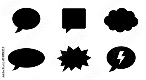 Minimalist speech bubble icons, black silhouette chat clouds set of 6 vectors, comic book dialogue balloons, communication symbols for web design