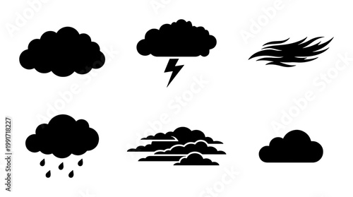 Black weather icons set with storm clouds and rain, minimalist meteorology symbols for forecast apps, 6 vector elements including lightning and wind