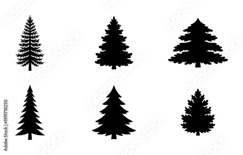 Pine tree silhouette icons set, black evergreen forest conifer shapes, collection of 6 spruce and fir vector elements for winter and nature design