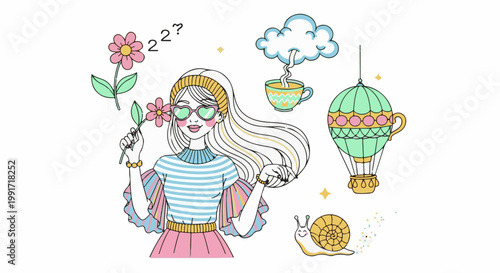Whimsical girl with flowers, balloon, tea, and snail
