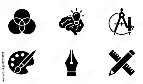 Graphic design icons set, creative process vector symbols, professional art studio tools, black solid glyph illustrations for branding and web