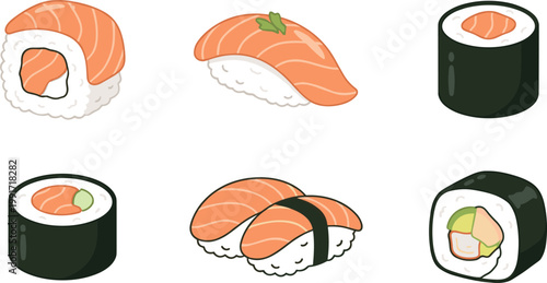 Assorted Salmon Sushi Set Isolated on White Background Simple Flat Design