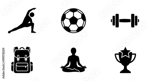 Minimalist sports and fitness icon set, black silhouette gym and wellness symbols, 6 vector elements for athletic training and healthy lifestyle apps