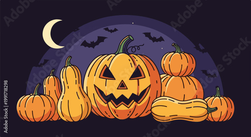 A carved jack-o'-lantern smiles under a crescent moon amidst pumpkins and bats
