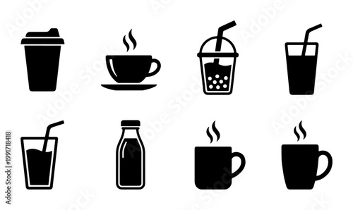 Minimalist beverage icon set, black drink silhouettes including coffee cups and tea mugs, 8 vector elements for cafe menus and restaurant signage
