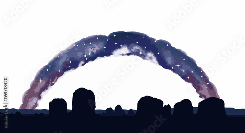 A celestial phenomenon arcs over silhouetted rock formations under a vast, starlit sky