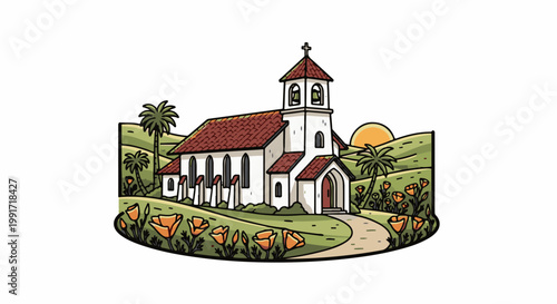 A charming white church with a bell tower, nestled among rolling hills, palm trees, and vibrant orange poppies under a setting sun